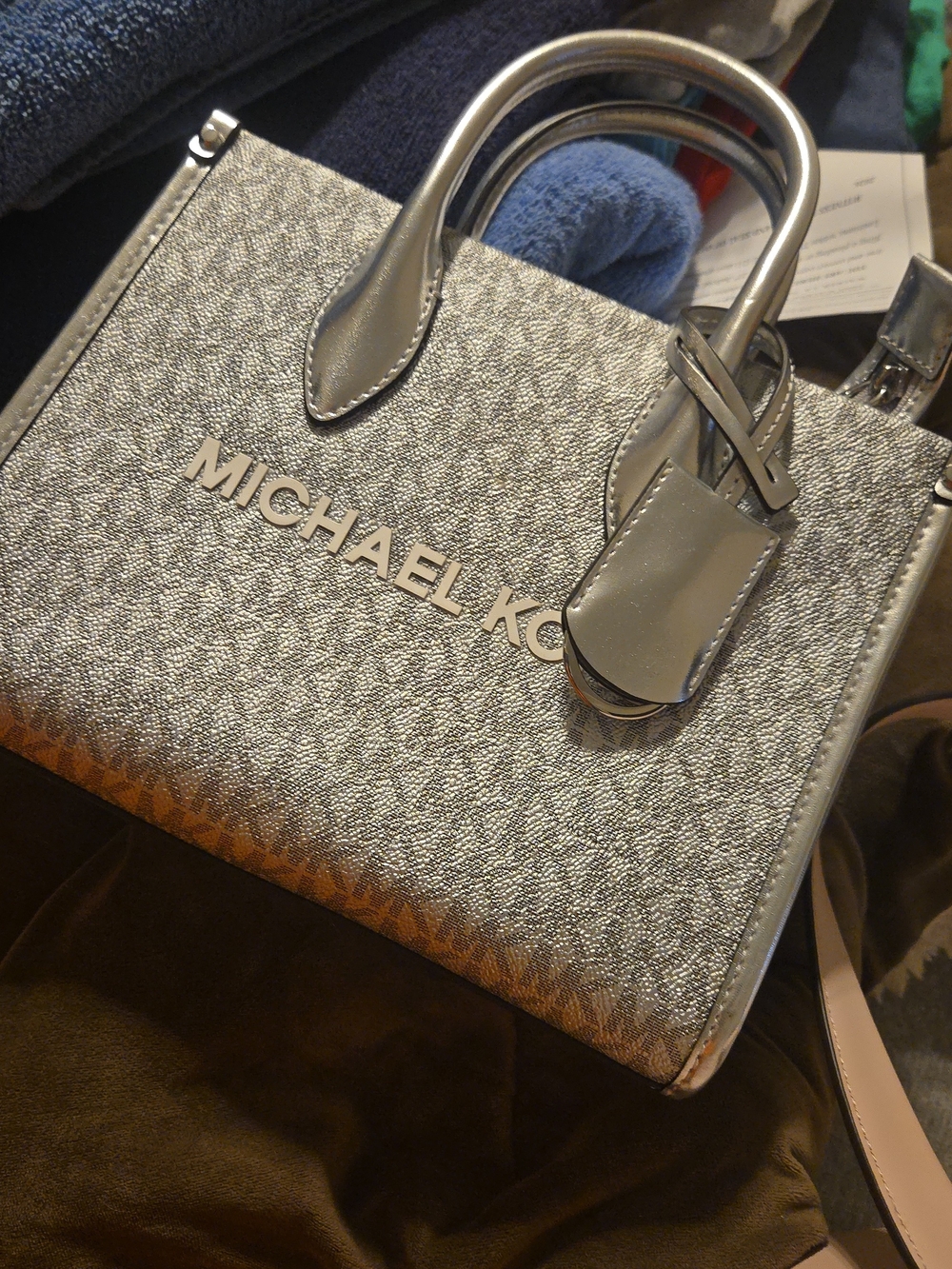 Michael Kors Metallic Silver Satchel with Logo